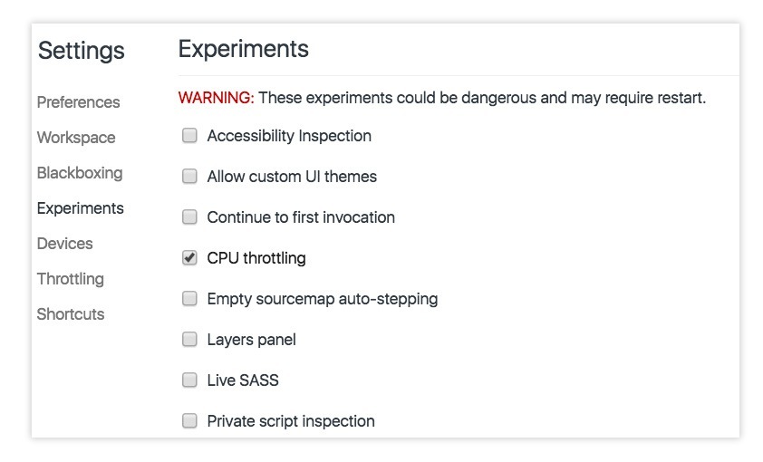 CPU Throttling Chrome Dev Tools Experiments