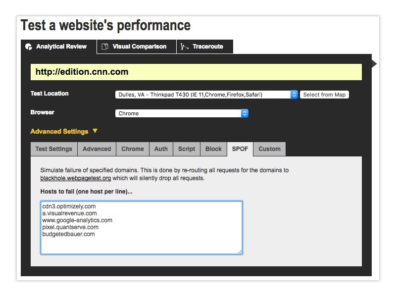 WebPageTest simulate a Single Point of Failure SPOF